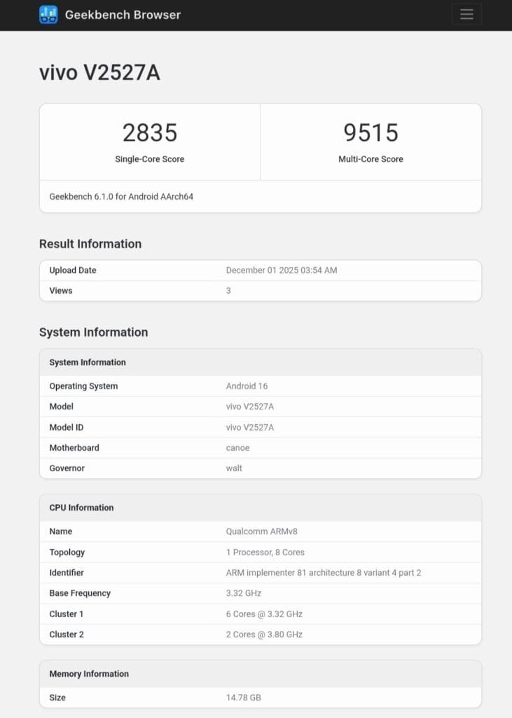 Vivo S50 Pro Mini Appeared on Geekbench with Snapdragon 8 Gen 5 1 Image of a Geekbench listing for the Vivo V2527A, revealing key specifications like Android 16, Qualcomm ARMv8 processor, and benchmark scores achieved on December 1, 2025.