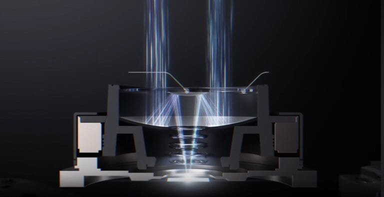 Illustration of Tecno's dual-mirror reflect telephoto lens, highlighting the internal mirrors and folded light path that reduces module size. Blue lines indicate light entering the lens, reflecting off two mirrors, and focusing through the lens array.