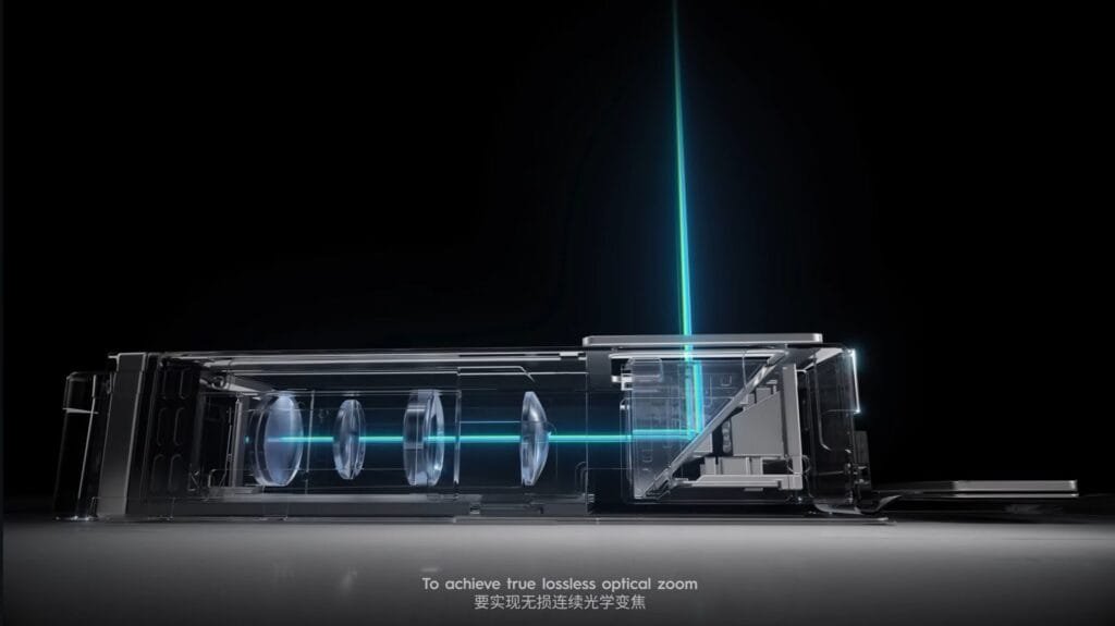 Illustration of Tecno's seamless continuous optical zoom system inside a transparent smartphone camera module, showing multiple lens elements aligned for smooth zoom transition. Blue light rays demonstrate light passing through the lenses for high-quality zoom performance.