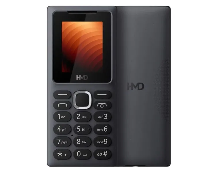 Image of the HMD 100, a gray feature phone with a small color screen, alphanumeric keypad, and HMD logo.