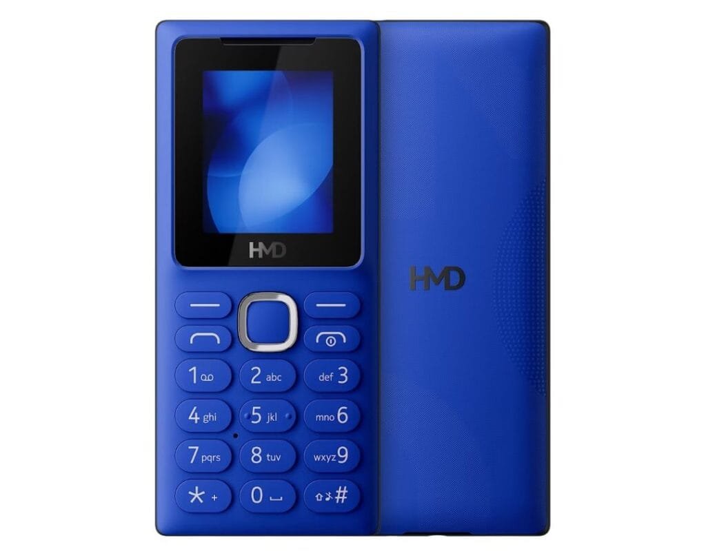 Image of the HMD 101, a blue feature phone with a small color screen, alphanumeric keypad, and HMD logo on the front and back.