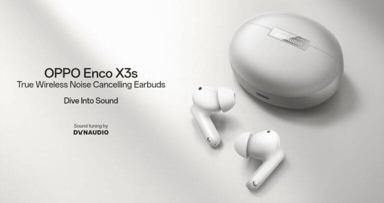 Image of OPPO Enco X3s true wireless noise-canceling earbuds and charging case. Text reads 'Dive Into Sound' and 'Sound tuning by DYNAUDIO.