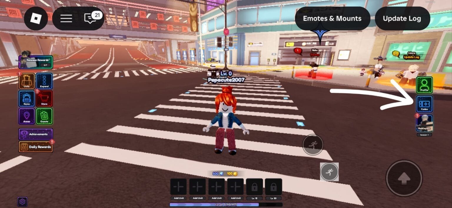 Roblox Universal Tower Defense screenshot. Character on city crosswalk with UI buttons for Units, Codes, Profile, and more visible.