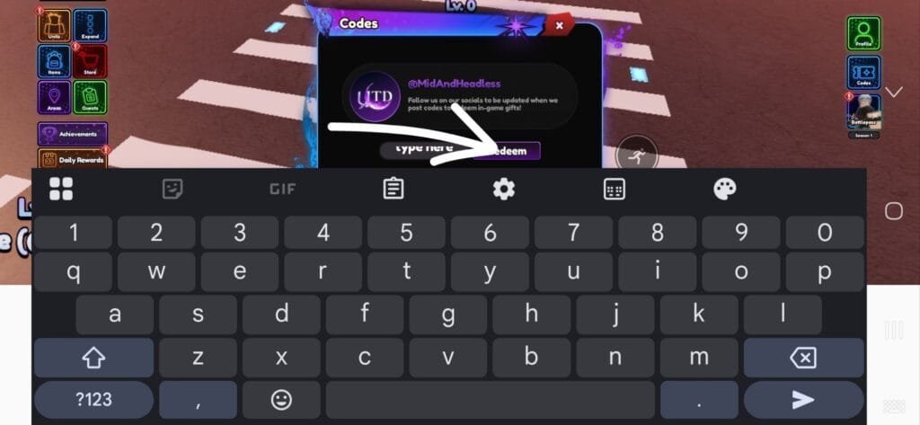 Universal Tower Defense Codes: All Working Codes for December 2025 3 Roblox Universal Tower Defense codes menu with active text input and mobile keyboard shown. Arrow points to field and 'Redeem' button.