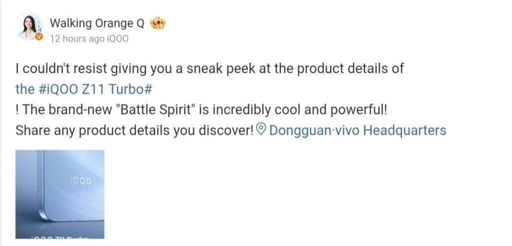 iQOO Z11 Turbo Specs Leaked and Image Teased 2 Screenshot of a Weibo post by Walking Orange Q, revealing a sneak peek of the iQOO Z11 Turbo with the tagline "Battle Spirit," inviting followers to share product details.