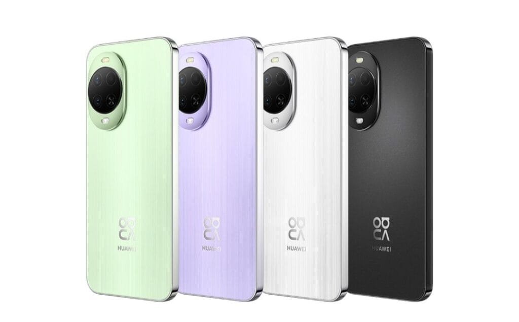 Four Huawei Nova 15 phones lined up in different colors: green, purple, white, and black, showing the rear camera design.
