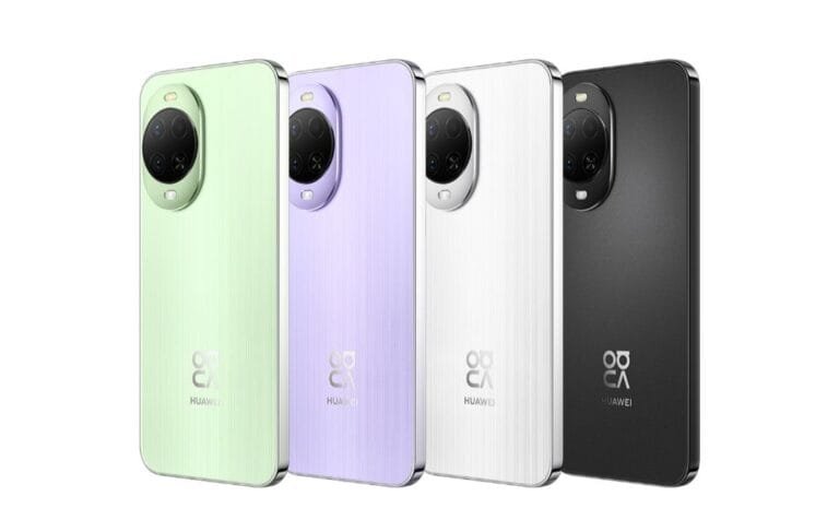 Four Huawei Nova 15 phones lined up in different colors: green, purple, white, and black, showing the rear camera design.