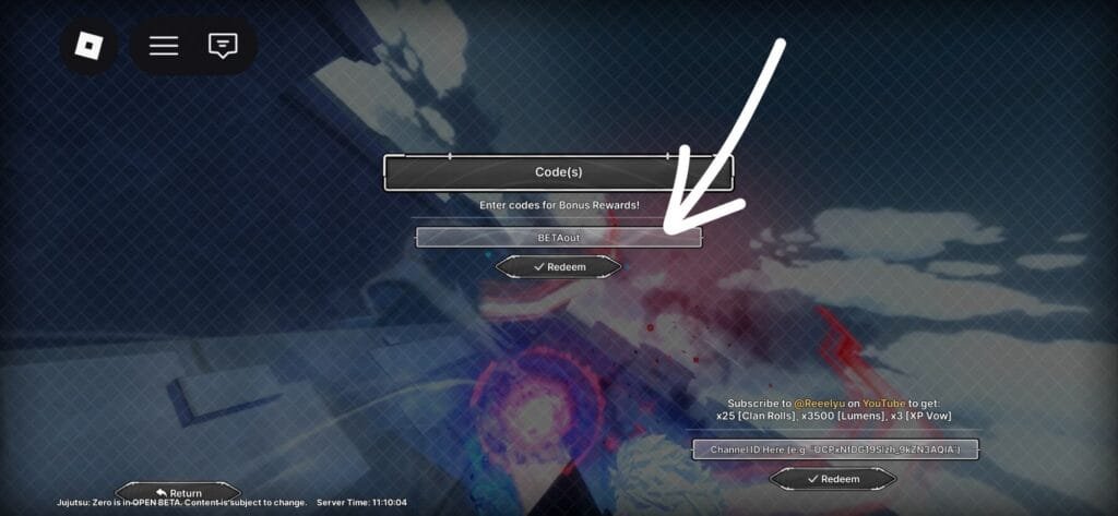 Image illustrating how to redeem codes in Jujutsu Zero on Roblox, highlighting the 'Code(s)' text box and 'Redeem' button with an arrow pointing to the entry field.