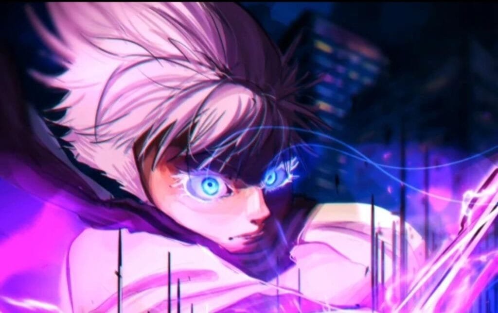 Illustration of a character with striking blue eyes from Jujutsu Zero on Roblox, surrounded by pink and blue energy effects against a dark cityscape.