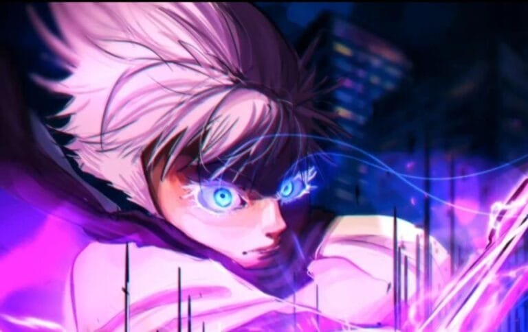 Illustration of a character with striking blue eyes from Jujutsu Zero on Roblox, surrounded by pink and blue energy effects against a dark cityscape.