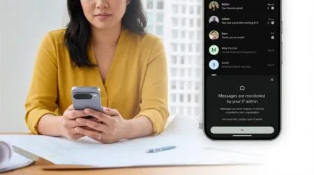 A person holding a Pixel phone showcasing Google's messaging app with a privacy notification, illustrating corporate oversight of text messages, a key consideration for businesses using RCS archival.