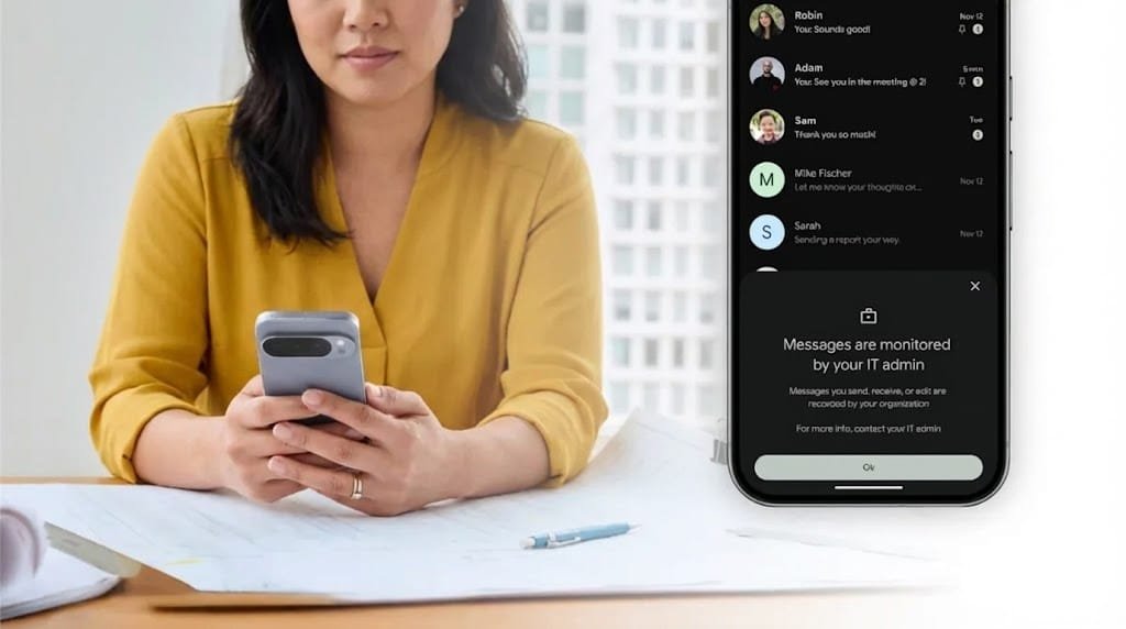 A person holding a Pixel phone showcasing Google's messaging app with a privacy notification, illustrating corporate oversight of text messages, a key consideration for businesses using RCS archival.