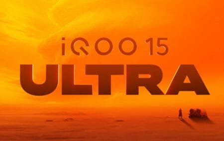 Promotional graphic for the iQOO 15 Ultra smartphone, featuring large bold text 'iQOO 15 ULTRA' against a warm orange sunset sky over a desert landscape with a small figure and vehicle visible in the distance.