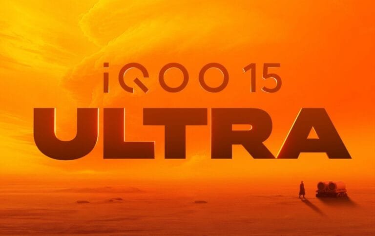 Promotional graphic for the iQOO 15 Ultra smartphone, featuring large bold text 'iQOO 15 ULTRA' against a warm orange sunset sky over a desert landscape with a small figure and vehicle visible in the distance.