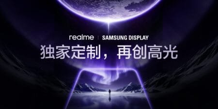 Promotional image for realme and Samsung Display collaboration. Features a dark background with a purple-hued Earth at the top, a smartphone outline with a scenic view of mountains and a figure inside it below. Text reads 'realme | SAMSUNG DISPLAY' and '独家定制，再创高光' (Exclusive customization, creating new highlights).