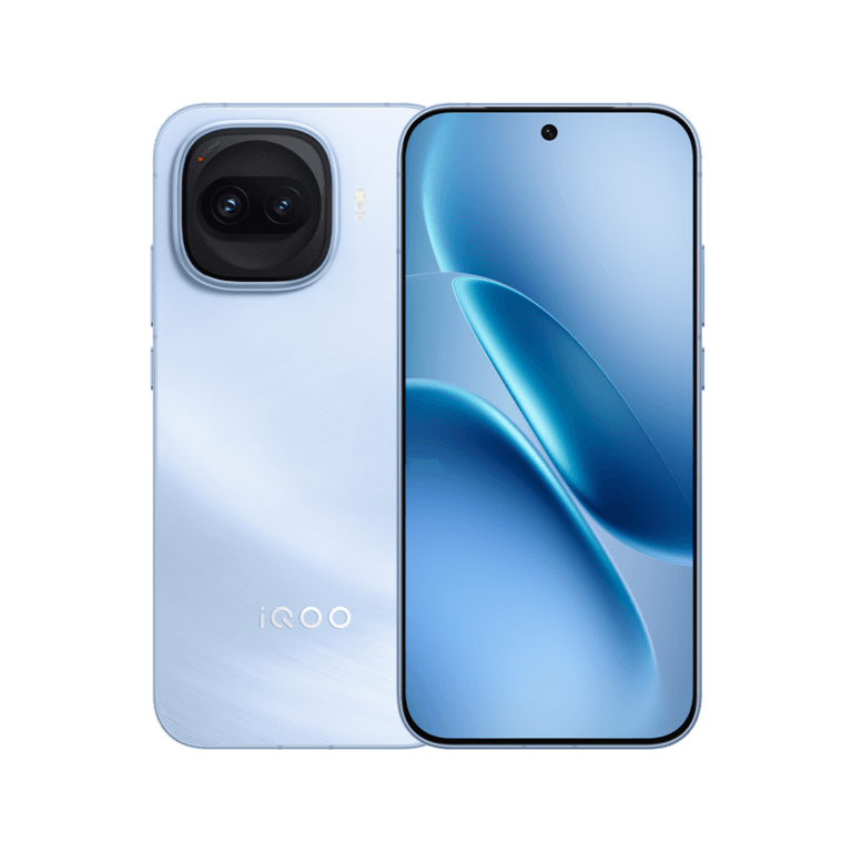 iQOO Z11 Turbo iQOO smartphone (presumed to be Z11 Turbo) displayed against a solid black background, showing both front and rear views. The rear has a light blue textured finish with a square-shaped camera module in the top-left corner and the "iQOO" logo at the bottom. The front features a matching light blue-themed screen display with a centered punch-hole camera cutout at the top of the flat-edged display.