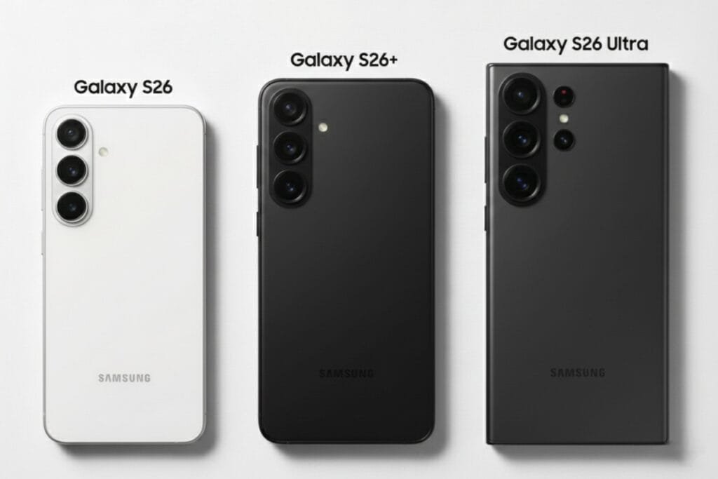 Three Samsung Galaxy S26 series smartphones displayed side by side against a white background, from left to right: Galaxy S26 (white, triple rear cameras in a vertical module), Galaxy S26+ (black, triple rear cameras in a vertical module with a flash), and Galaxy S26 Ultra (dark gray, quad rear cameras in a rectangular module with additional sensors). All feature the 'SAMSUNG' logo on the lower back.