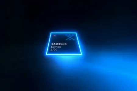 Alleged Exynos 2700 Spotted in Geekbench Listing Conceptual image of the rumored Samsung Exynos 2700 mobile processor, displayed with glowing blue edges against a dark background. The chip features 'SAMSUNG Exynos 2700' text and small design elements on its surface.