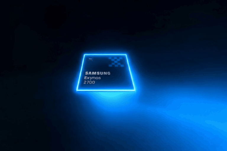 Alleged Exynos 2700 Spotted in Geekbench Listing Conceptual image of the rumored Samsung Exynos 2700 mobile processor, displayed with glowing blue edges against a dark background. The chip features 'SAMSUNG Exynos 2700' text and small design elements on its surface.