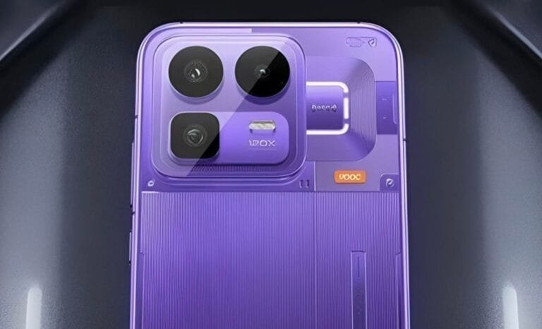 Realme Neo 8 Official Design Teased Rear view of the Realme Neo 8 smartphone in purple. It features a textured back design, a triple-camera module with three lenses and a '120X' label, and visible customizable RGB lighting elements around the camera area. An orange '600' badge is also present on the upper right section of the rear casing.