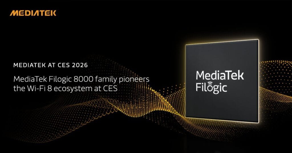 Promotional graphic for MediaTek at CES 2026. The image features a black background with golden dotted wave patterns. In the top left is the orange 'MEDIATEK' logo. To the left, white text reads: 'MEDIATEK AT CES 2026 / MediaTek Filogic 8000 family pioneers the Wi-Fi 8 ecosystem at CES'. On the right, a square chip with a glowing outline displays 'MediaTek Filögic' in white text.