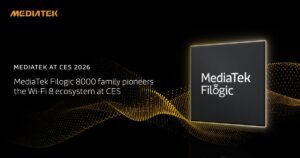 Promotional graphic for MediaTek at CES 2026. The image features a black background with golden dotted wave patterns. In the top left is the orange 'MEDIATEK' logo. To the left, white text reads: 'MEDIATEK AT CES 2026 / MediaTek Filogic 8000 family pioneers the Wi-Fi 8 ecosystem at CES'. On the right, a square chip with a glowing outline displays 'MediaTek Filögic' in white text.