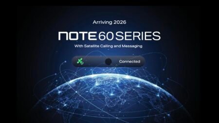 Promotional graphic for the Infinix Note 60 Series, announcing arrival in 2026 with satellite calling and messaging capabilities. The design features a dark blue-black background, a glowing wireframe globe representing global connectivity, and a UI element showing 'Connected' with a satellite signal icon. Bold text reads 'NOTE 60 SERIES' and 'Arriving 2026' above the tagline 'With Satellite Calling and Messaging'.