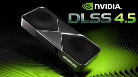 A promotional image for NVIDIA DLSS 4.5, featuring a GeForce RTX 5090 graphics card against a black and green abstract background. The NVIDIA logo and "DLSS 4.5" text are prominently displayed.