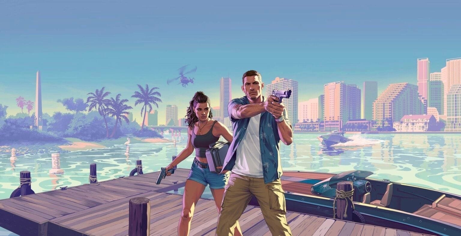 Official promotional artwork for Grand Theft Auto VI (GTA 6) by Rockstar Games. The image features protagonists Jason and Lucia standing on a wooden dock; Jason aims a handgun forward while Lucia holds a pistol in one hand and a metal briefcase in the other. Behind them, a vibrant coastal city skyline (modeled after Vice City as part of the fictional Leonida state) rises against a bright blue sky, with palm trees lining the shore, a helicopter overhead, and a police boat speeding across the water. The art style is colorful and stylized, typical of the GTA franchise’s marketing materials.