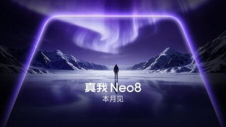 Promotional artwork for the Realme Neo8 smartphone. The image features a large, rounded-edge frame styled like a phone display, outlined with a glowing purple border. Inside the frame, a dramatic landscape is shown: shimmering aurora borealis fill the dark sky above snow-capped mountains and a frozen, reflective lake, with a single person standing in the distance. At the bottom, white text reads "真我 Neo8" (Realme Neo8) and "本月见" (Coming this month). The design highlights the device’s display capabilities with vivid, high-contrast visuals.