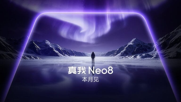 Realme Neo 8 Spotted on Geekbench: Leaked Details Highlight 8,000mAh Battery Promotional artwork for the Realme Neo8 smartphone. The image features a large, rounded-edge frame styled like a phone display, outlined with a glowing purple border. Inside the frame, a dramatic landscape is shown: shimmering aurora borealis fill the dark sky above snow-capped mountains and a frozen, reflective lake, with a single person standing in the distance. At the bottom, white text reads "真我 Neo8" (Realme Neo8) and "本月见" (Coming this month). The design highlights the device’s display capabilities with vivid, high-contrast visuals.