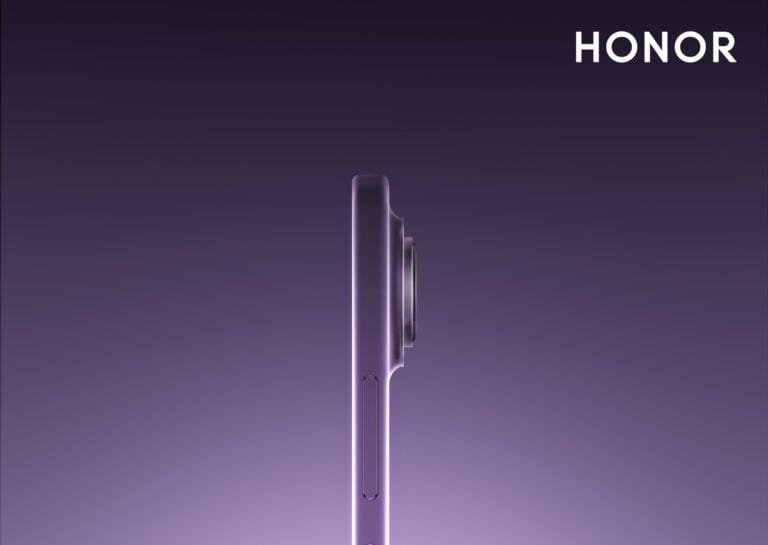 Honor Magic 8 Pro Air – Launching on January 19 in China Promotional image for the Honor Magic 8 Pro Air (from the Honor Magic 8 series). The shot showcases the phone’s side profile in a smooth purple finish, emphasizing its slim build with visible volume buttons and a raised rear camera module. The white "HONOR" logo appears at the top right, set against a gradient purple background.