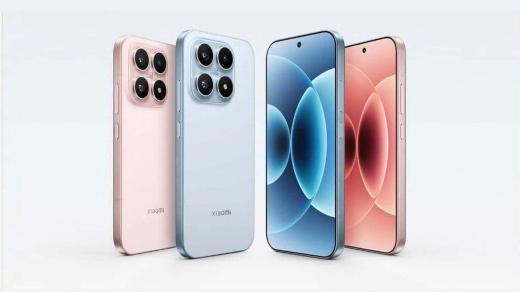 Xiaomi 17 Max smartphones displayed in multiple colors, including pink and light blue. The image shows both rear views (featuring a quad-camera setup with Leica branding and the Xiaomi logo) and front views (showing a large OLED display with a centered punch-hole camera and colorful abstract wallpaper).