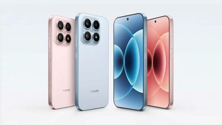 Xiaomi 17 Max smartphones displayed in multiple colors, including pink and light blue. The image shows both rear views (featuring a quad-camera setup with Leica branding and the Xiaomi logo) and front views (showing a large OLED display with a centered punch-hole camera and colorful abstract wallpaper).