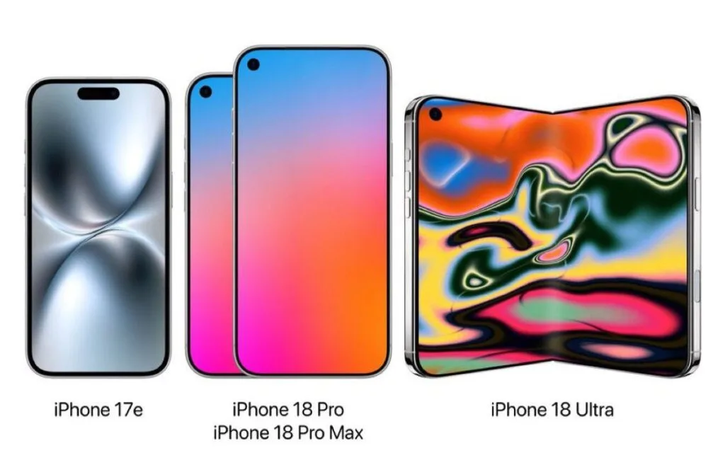 Apple iPhone 18 Pro models tipped to feature redesigned under-display cutout area 2 A lineup of concept iPhone models displayed against a white background, featuring three distinct types: (left) iPhone 17e with a metallic-patterned screen and Dynamic Island notch; (center) iPhone 18 Pro and iPhone 18 Pro Max with gradient pink-to-blue-to-orange screens and a single punch-hole camera; (right) iPhone 18 Ultra, a foldable device with a swirling, multicolored abstract screen. Each model is labeled below its respective visual.