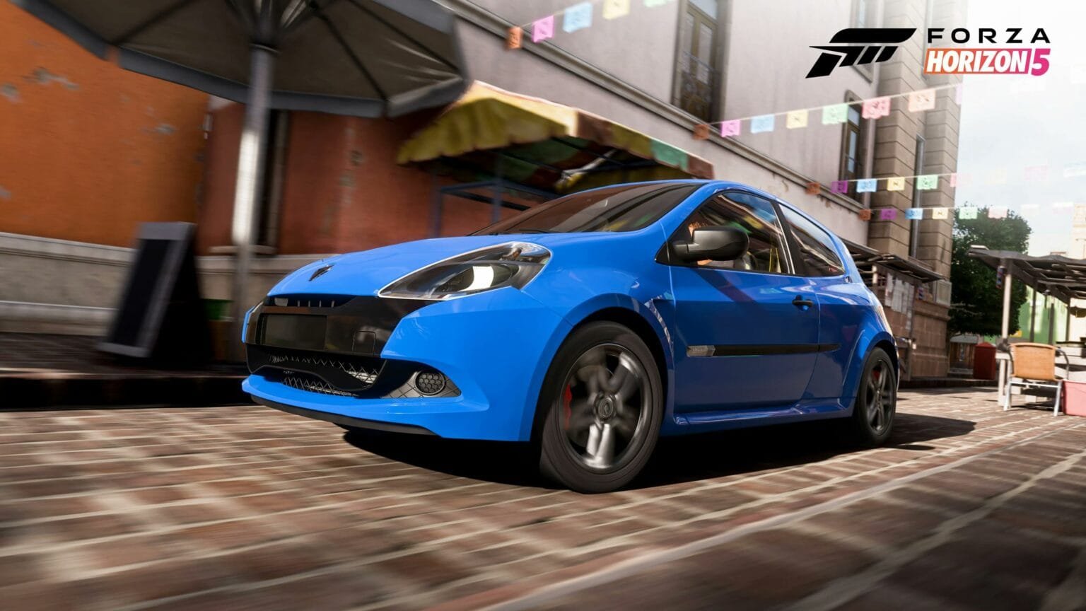 Forza Horizon 6 promo image: Bright blue compact car speeds on brick street, with colorful buildings and banners in the background. Forza Horizon logo top right.