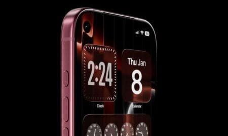 iPhone 18 Pro series tipped to debut in September 2026 with 2nm A20 Pro and under-display Face ID A side-angle view of the Apple iPhone 18 Pro in a deep pink/magenta finish against a black background. The display shows widgets including a large '2:24' Clock widget and a 'Thu Jan 8' Calendar widget, with additional clock faces visible below. Status icons for Wi-Fi and 5G are present at the top of the screen.