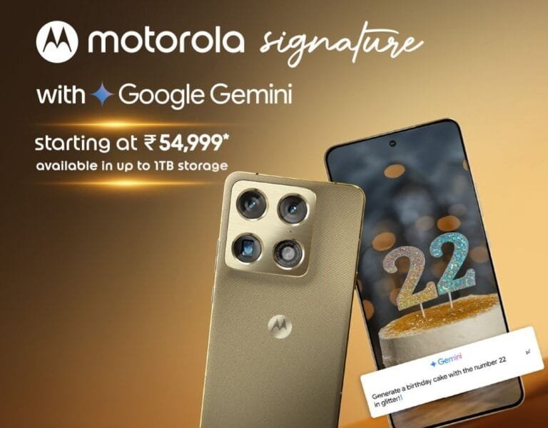 Promotional image for Motorola Signature smartphone. Two phones shown one with back camera setup and Motorola logo the other with screen displaying a birthday cake image made with Google Gemini. Text says Motorola Signature with Google Gemini starting at 54999 rupees available in up to 1TB storage. Background is warm brown gradient