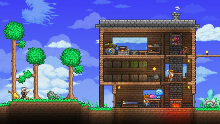 Terraria 1.4.5 pixel art screenshot: Multi-story wooden house with stone accents, crafting areas, NPCs, glowing slimes, and a player character near trees under a blue sky.