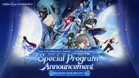 Mystical Genshin Impact promotional graphic for the 'Traveler on a Winter’s Night' special program (Jan 2, 2026, UTC-5). A large glowing moon illuminates a dynamic assembly of characters, with a masked blue-haired figure dominating the left. Art teases reveal of active in-game codes for January 2026 during the broadcast.