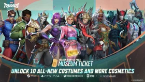 Promotional artwork for Marvel Rivals Season 6 Battle Pass titled 'Museum Ticket'. Features a lineup of Marvel characters in stylized, new costumes against a pastel and teal geometric background. Text reads: 'SEASON 6 BATTLE PASS MUSEUM TICKET' and 'UNLOCK 10 ALL-NEW COSTUMES AND MORE COSMETICS'. Platform logos for Steam, PlayStation 5/4, Xbox Series X|S, and Epic Games Store are displayed at the bottom, along with the website 'marvelrivals.com'. © 2026 MARVEL.