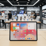 Xiaomi Pad 8 Pro displayed on a light wooden table in a modern electronics retail store. The tablet screen shows a colorful home screen with app icons (including Music, Camera, App Store, Settings) and widgets for time, weather, and calendar (marked 2025.10). Other mobile devices on stands are visible around it, with customers browsing in the well-lit background filled with product displays.