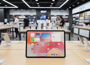 Xiaomi Pad 8 Pro displayed on a light wooden table in a modern electronics retail store. The tablet screen shows a colorful home screen with app icons (including Music, Camera, App Store, Settings) and widgets for time, weather, and calendar (marked 2025.10). Other mobile devices on stands are visible around it, with customers browsing in the well-lit background filled with product displays.