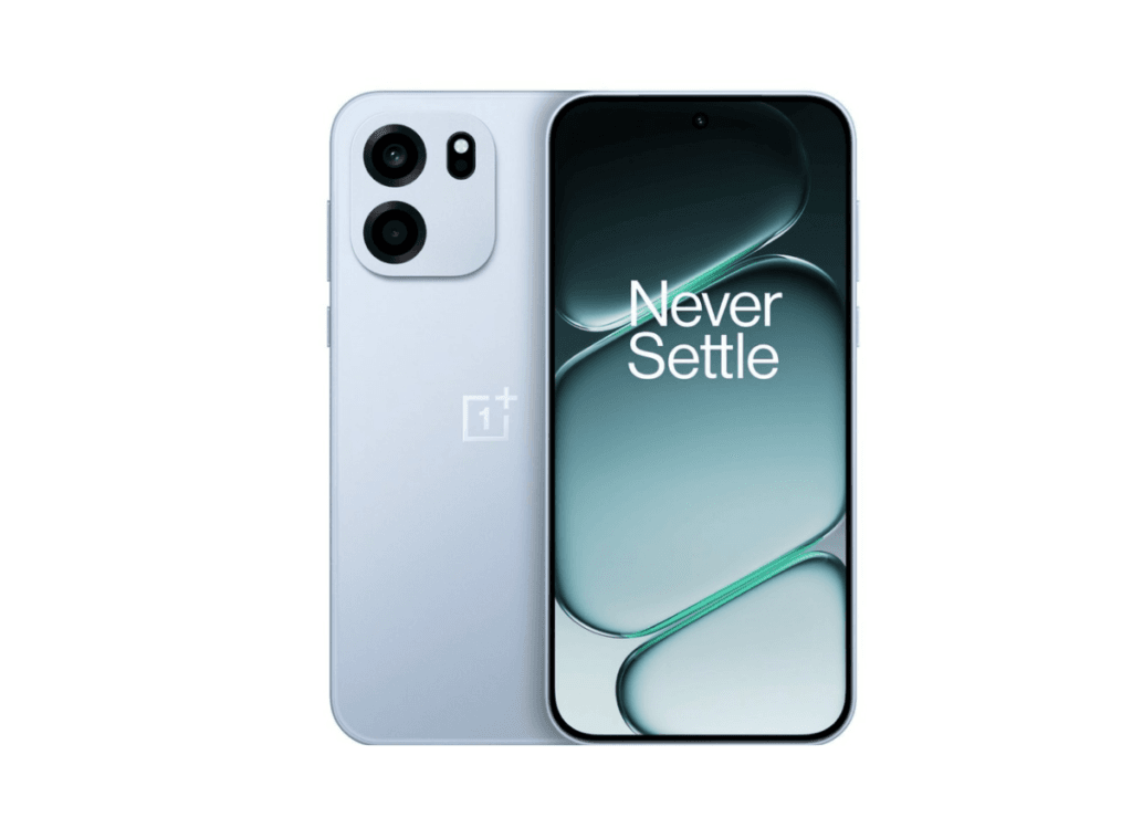 Dual view of the OnePlus Turbo 6V smartphone in Nova White (one of its available colors). The left side shows the back with a rectangular camera module housing two main lenses and a sensor, plus the OnePlus logo below. The right side displays the front with a 6.78-inch flat OLED display, centered punch-hole selfie camera, and the 'Never Settle' tagline over a soft gradient background. The phone features a glass back and plastic frame.
