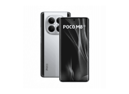 POCO M8 smartphone displayed against a white background, showing both front and back views. The front has a black screen with 'POCO M8' text, while the back is silver with a large circular triple-camera module and the 'POCO' logo.