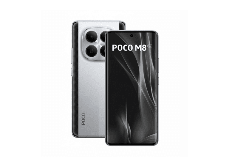 POCO M8 smartphone displayed against a white background, showing both front and back views. The front has a black screen with 'POCO M8' text, while the back is silver with a large circular triple-camera module and the 'POCO' logo.