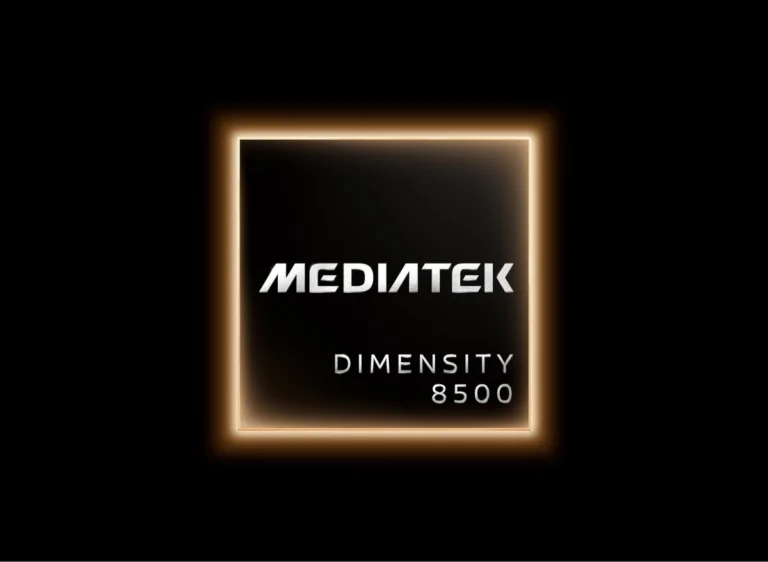 MediaTek Unveils Dimensity 8500, Delivering Up to 2.4 Million Antutu Score A promotional image of the MediaTek Dimensity 8500 mobile processor, displayed against a solid black background. The chip is presented as a square with a subtle gradient surface, framed by a glowing warm orange border that emits a soft halo effect. The word "MEDIATEK" appears in large, bold, silver capital letters at the top of the chip’s face; below it, "DIMENSITY" is printed in smaller silver capital letters, with "8500" directly underneath in matching styling (note: "DIMENSITY" is misspelled as "DENSITY" in the image).