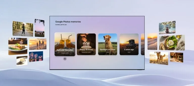 Samsung to Bring Google Photos to Smart TVs, Offering Cinematic Memory Experience Starting Early 2026 Samsung smart TV displaying the Google Photos 'memories' interface, featuring curated photo cards labeled 'Summer Vacation,' 'Happy Birthday,' 'Spotlight on Oliver,' and '2 years ago.' Floating personal photos—depicting travel, food, pets, and daily moments—surround the TV, illustrating the upcoming integration that brings cinematic, shared memory viewing to Samsung TVs.