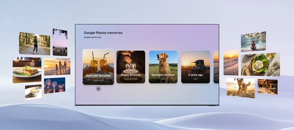 Samsung smart TV displaying the Google Photos 'memories' interface, featuring curated photo cards labeled 'Summer Vacation,' 'Happy Birthday,' 'Spotlight on Oliver,' and '2 years ago.' Floating personal photos—depicting travel, food, pets, and daily moments—surround the TV, illustrating the upcoming integration that brings cinematic, shared memory viewing to Samsung TVs.