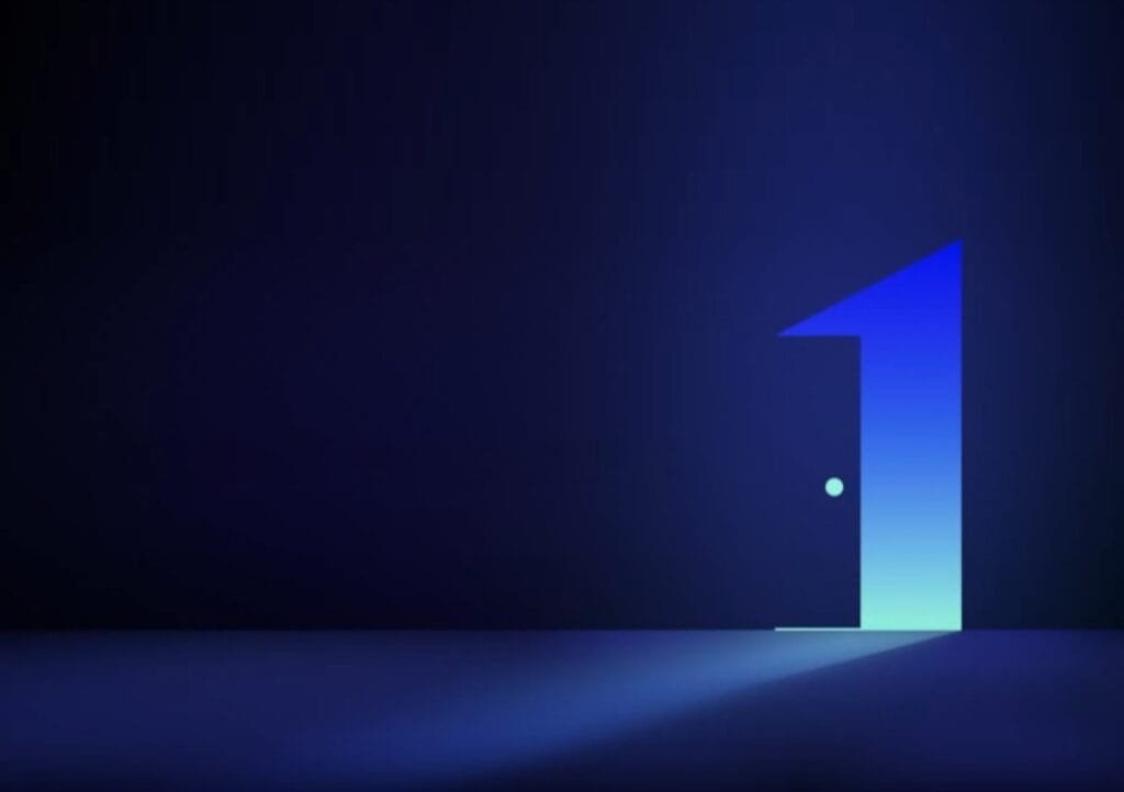 Gradient blue-to-teal number '1' on a dark blue background, spotlighted from below—teaser graphic for 'Samsung The First Look 2026' event, hinting at upcoming product reveals